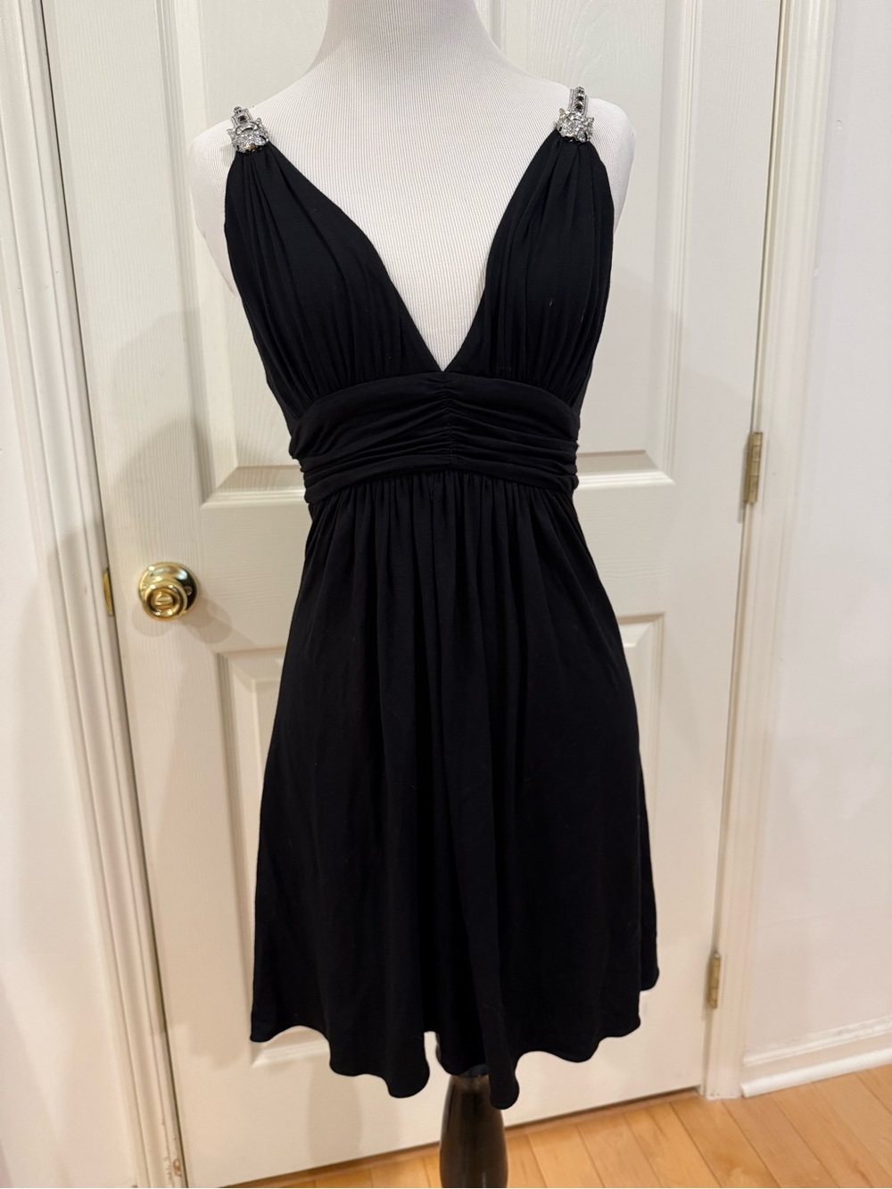 Sky Black V-Neck Mini Dress with Crystal Straps